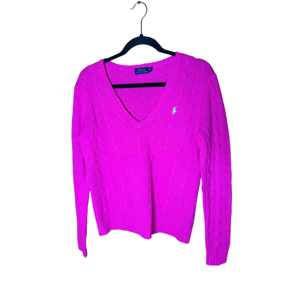 Polo Ralph Lauren Pink Merino Wool Cashmere Cable Knit V-Neck Sweater Womens M